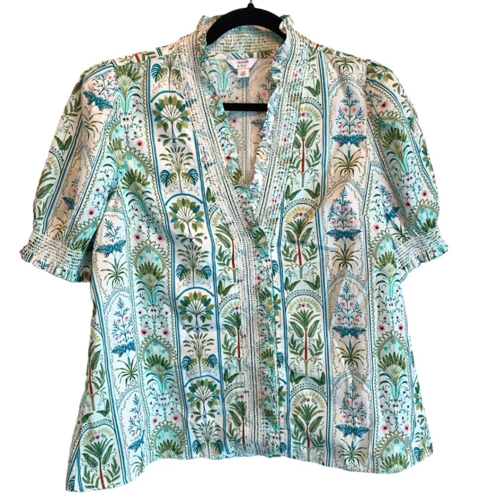 CROWN & IVY TROPICAL PRINT PUFF-SLEEVE BLOUSE - SIZE M